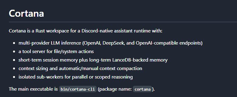Screenshot of the Cortana project README and feature summary